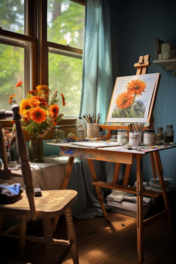 A wooden easel, optimizing a small space in a home office nook next to a window.