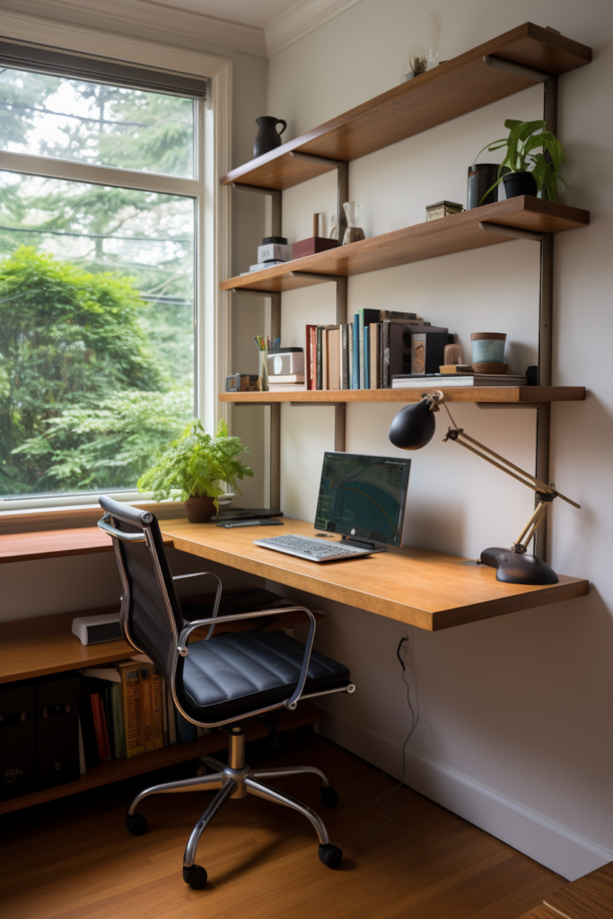 An optimizing home office nook in a small space, featuring a desk by a window.
