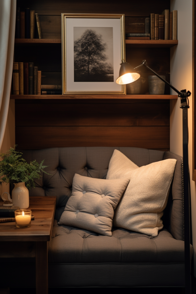 An optimizing gray couch in a small space with bookshelves.