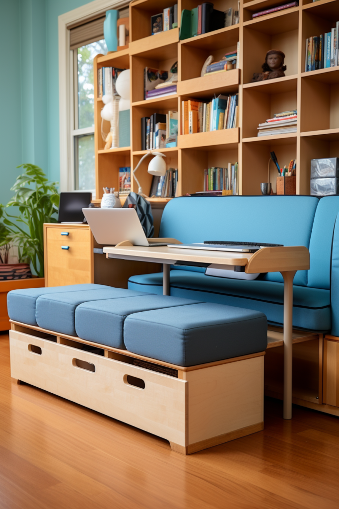 A blue couch in a playroom combo with bookshelves.