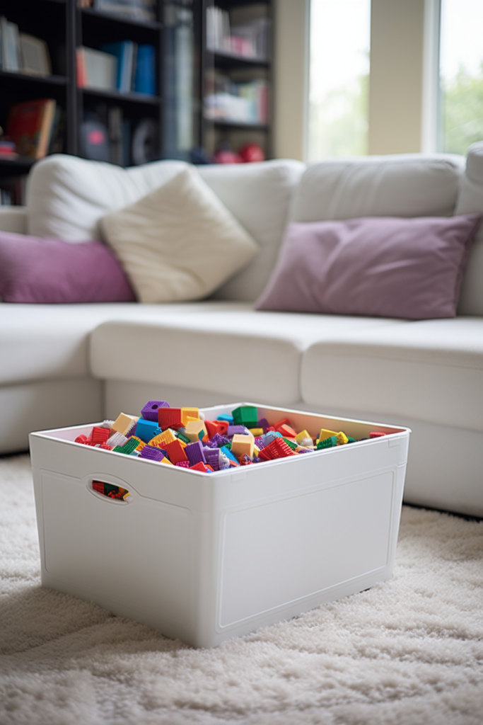A white toy box on a rug in a functional work-play space.