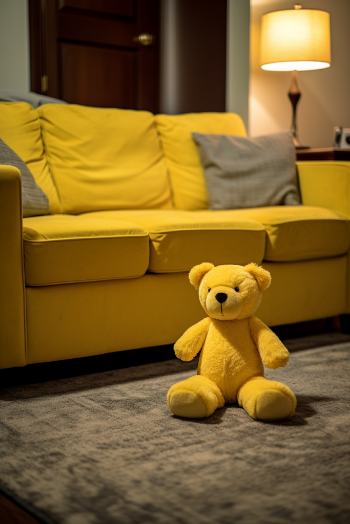 A yellow teddy bear sitting on the floor in front of a couch in a playroom combo.