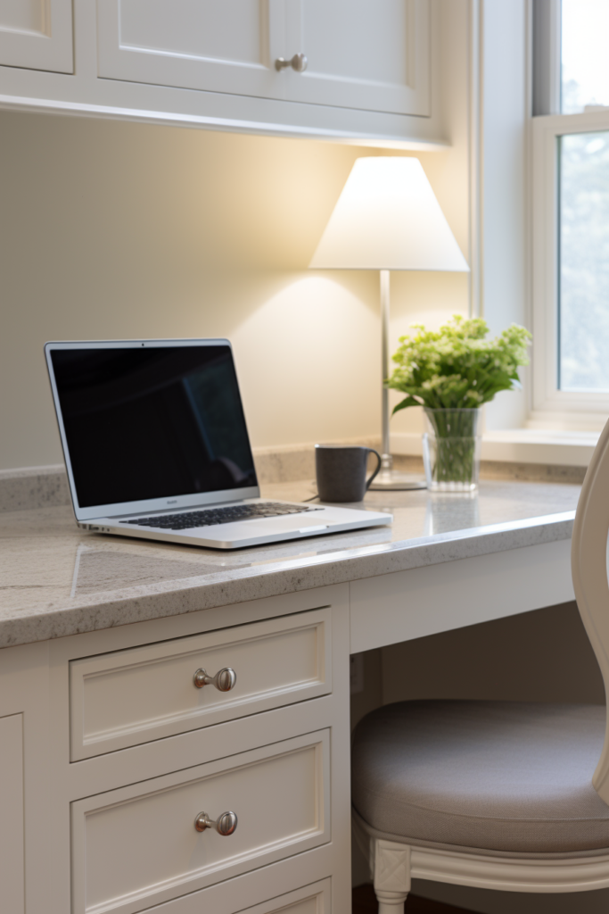 A white desk with a laptop on it, perfect for a home office.