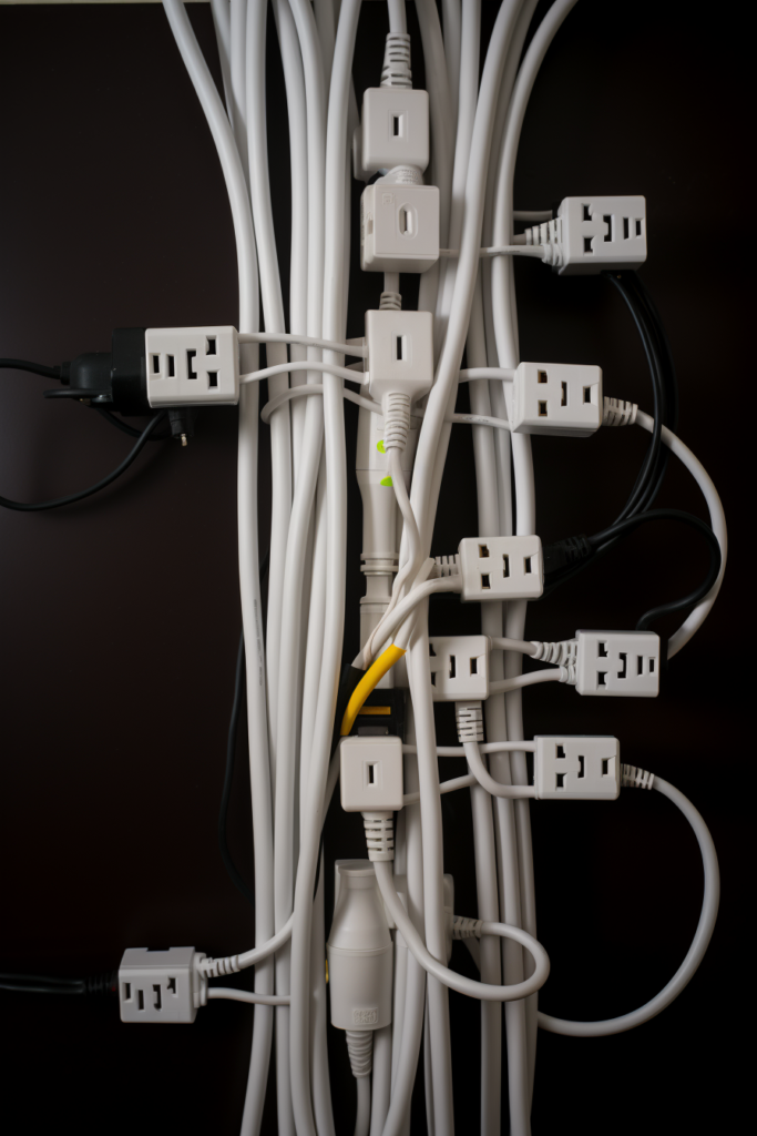 A bunch of wires interconnecting each other in a functional work and entertainment space.