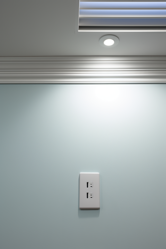 A light switch on a wall in a functional work-play space or home office.