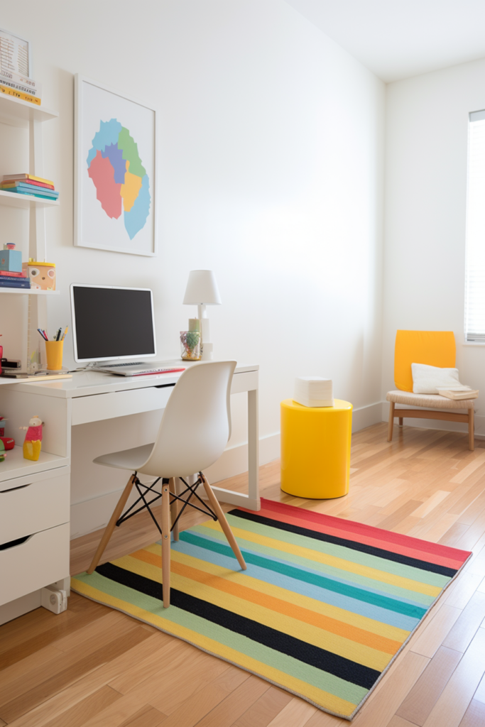 The children's room features a practical space for work and play, with striped carpet.