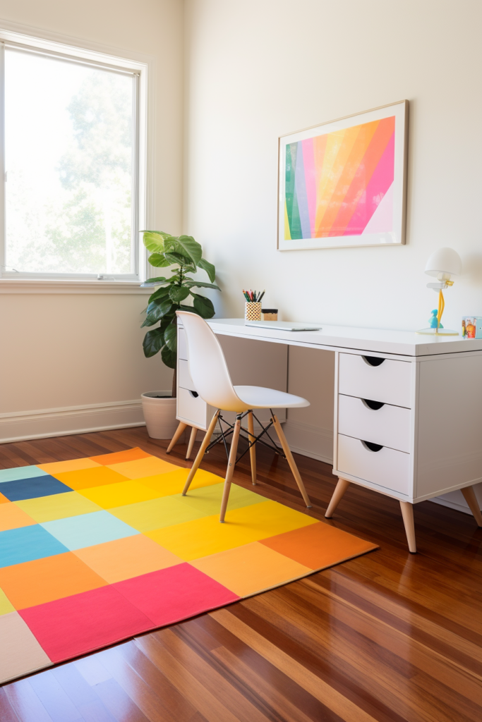 A colorful rug in a home office with a desk and chair.