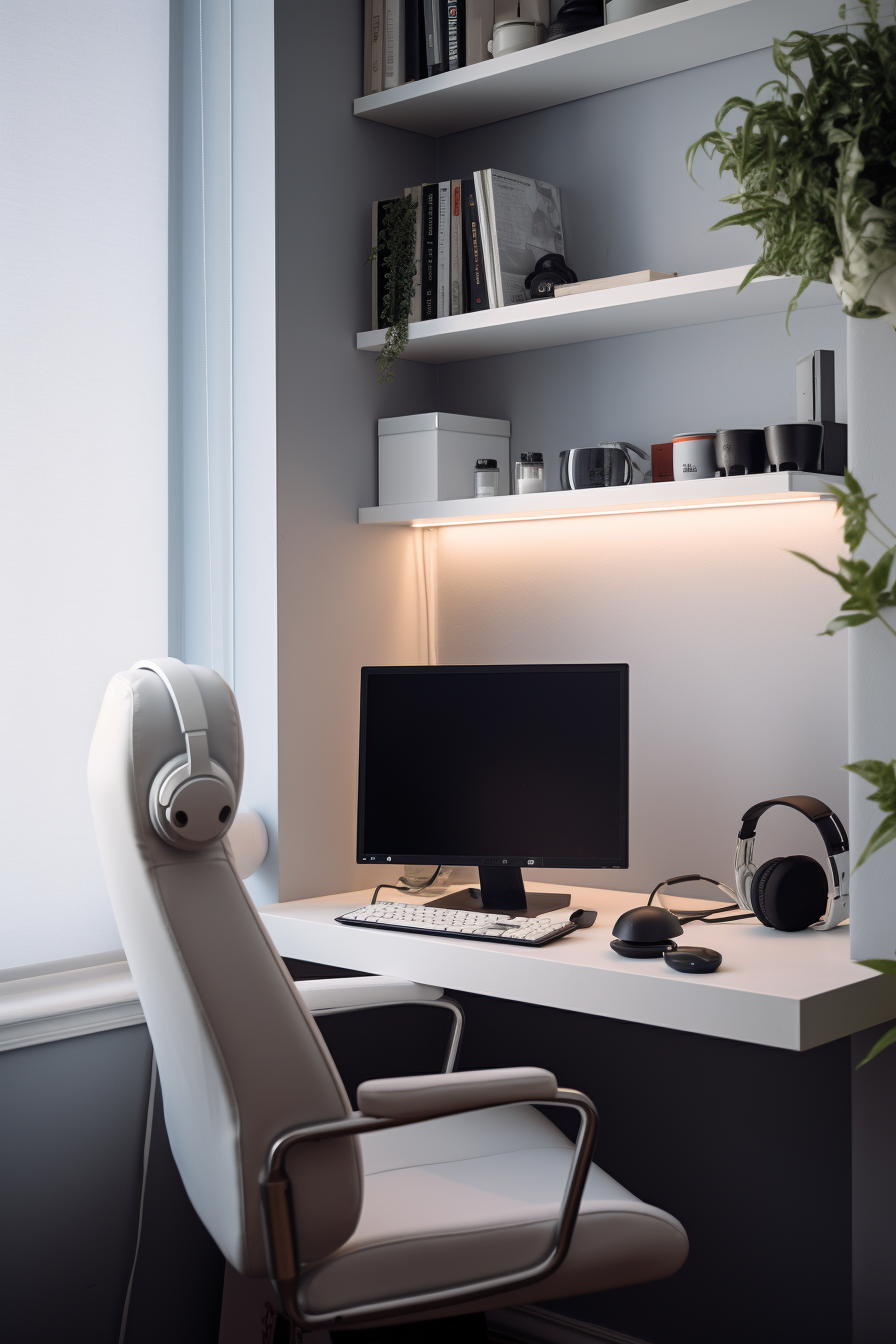 A sleek white computer desk perfect for a home office.
