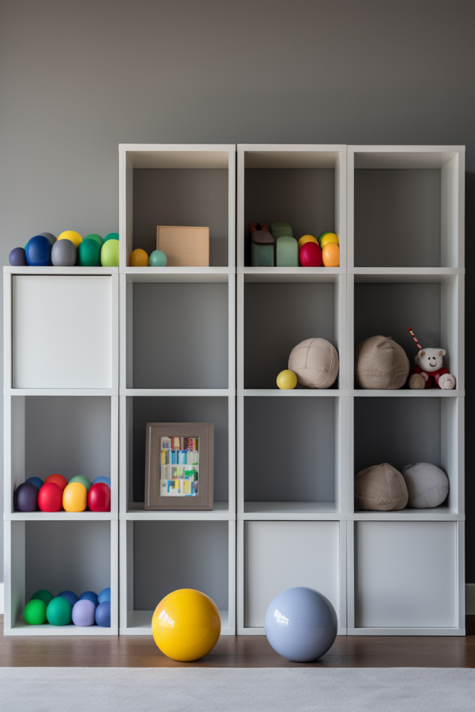 The playroom shelves are filled with toys of all kinds.