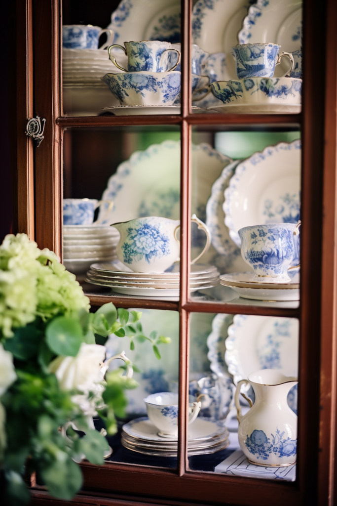 Blue and white china in a cozy glass cabinet.