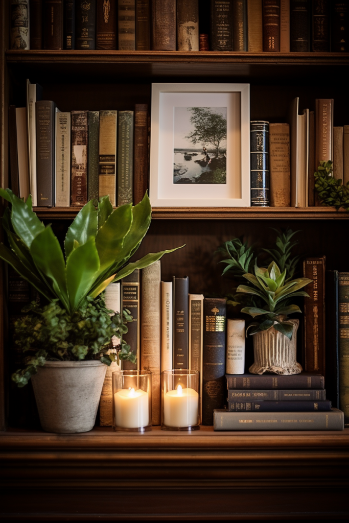 A cozy bookshelf with candles and plants, creating a hygge-inspired winter retreat.