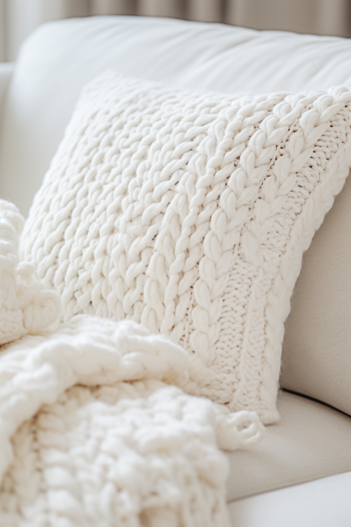 A white knitted blanket on a cozy couch.