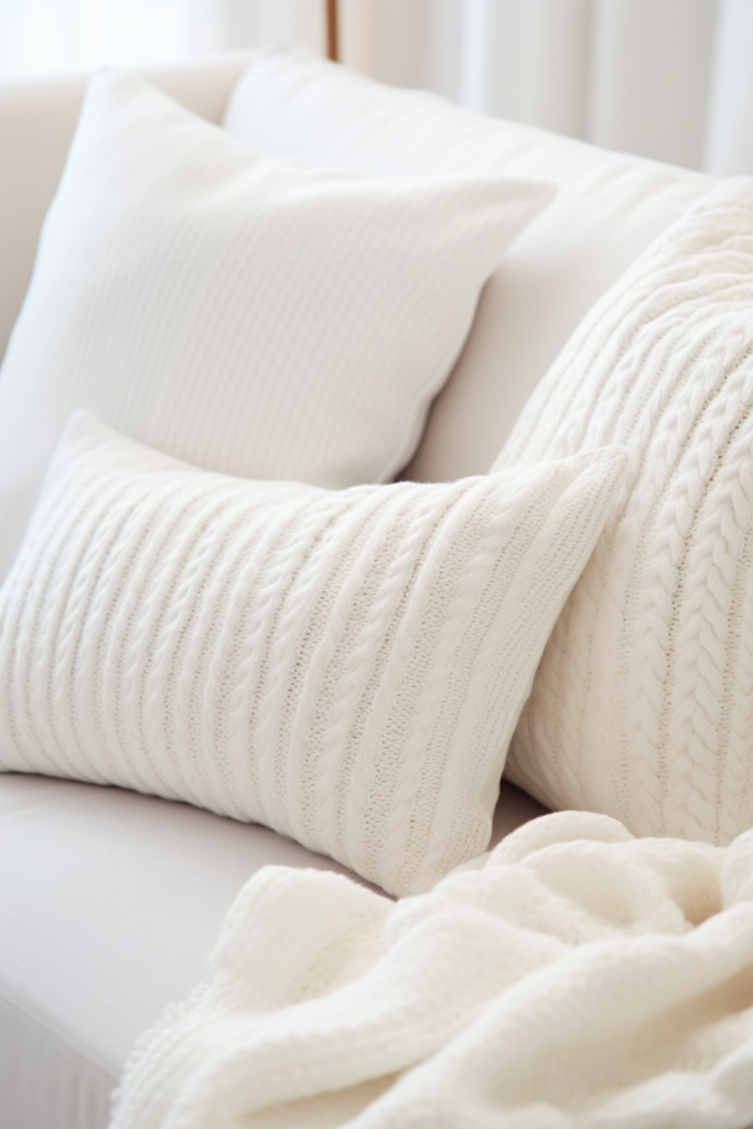 Create a cozy home retreat with white blankets and pillows on a white couch, bringing hygge heaven to your space.