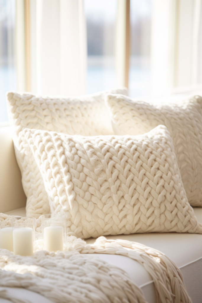 Create a hygge-inspired cozy home retreat with a white couch adorned with plush pillows and softly flickering candles.