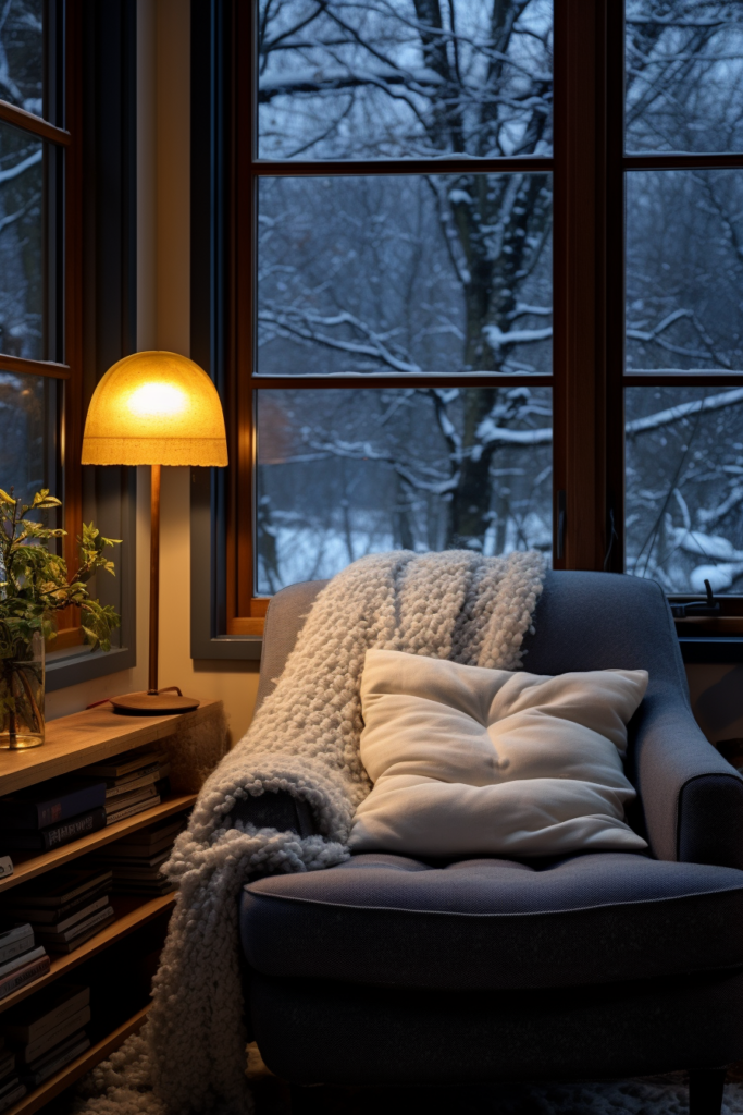 Experience the ultimate cozy home retreat this winter with our hygge-inspired chair, complete with a warm blanket and strategically placed in front of a window. This perfect winter decor will transform any space