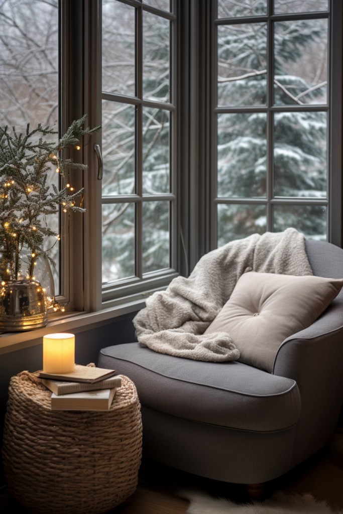 A cozy chair in front of a window with a candle and a book, perfect for embracing the winter Hygge.