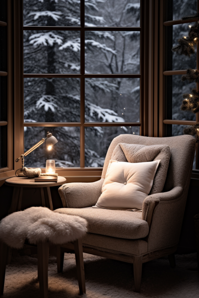 Experience hygge in your cozy home retreat with a chair perfectly placed in front of a window, providing winter decor ideas that exude warmth and comfort.