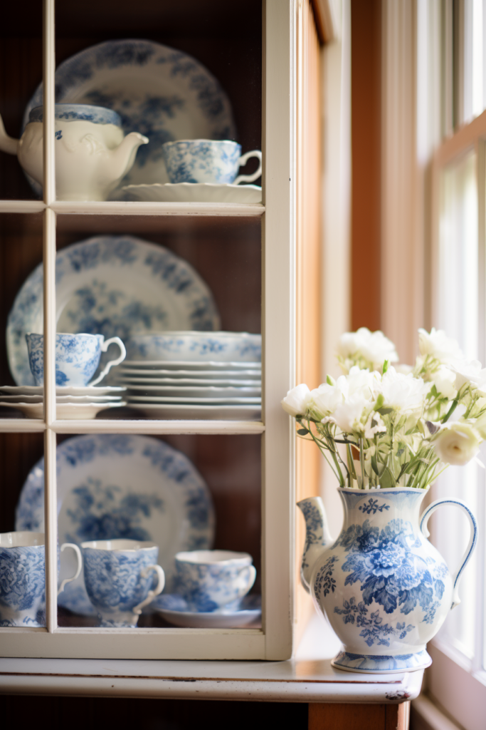 A cozy blue and white china cabinet adorned with flowers, adding a touch of winter decor and hygge to your home.