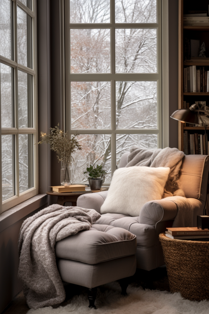 A cozy chair in front of a window, creating a hygge atmosphere for a winter decor and offering a perfect spot for a cozy home retreat.