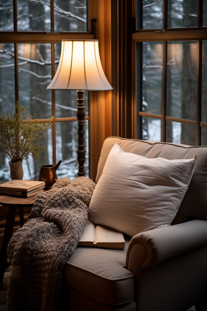 A cozy home retreat with a book and a lamp in front of a window.