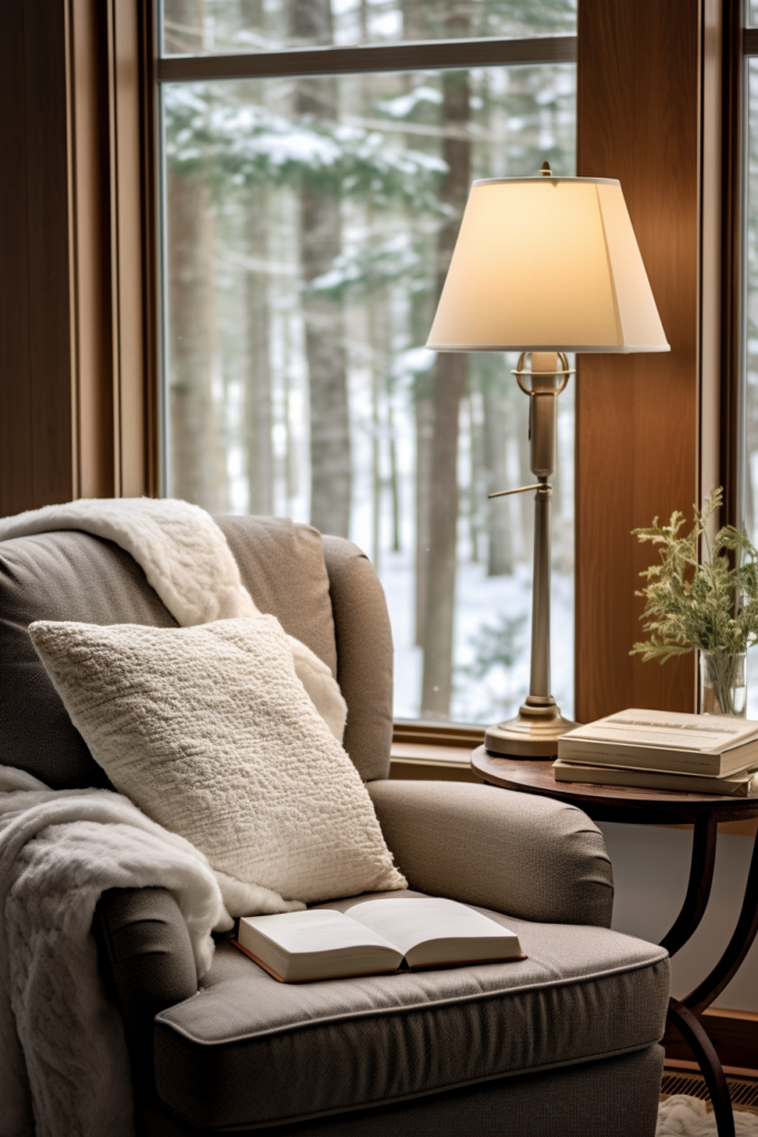 Winter Decor: A cozy chair positioned in front of a window creates a hygge-inspired retreat for your home.
