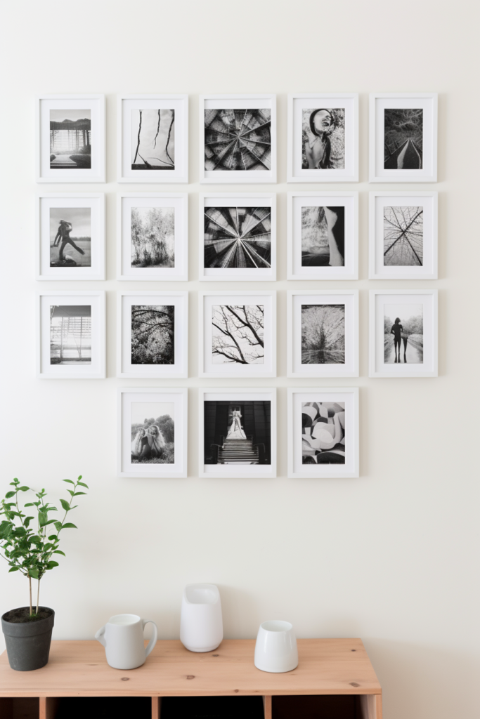 A cozy home retreat adorned with black and white photos on a white wall, creating a hygge-inspired winter decor.