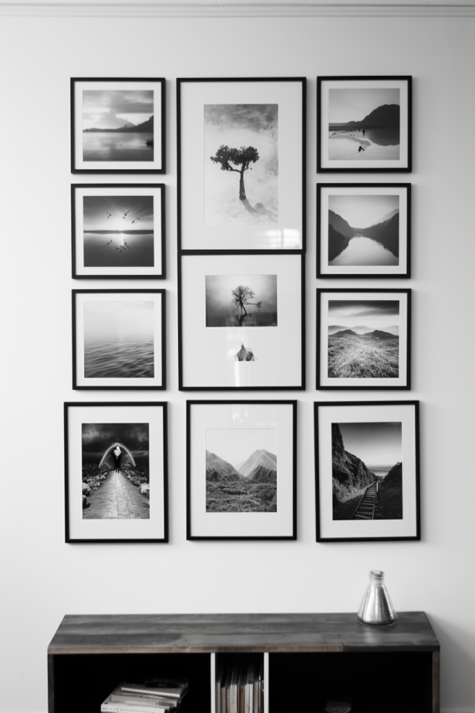 Cozy black and white framed photographs on a wall.