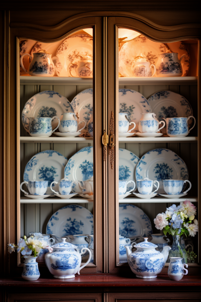 A cozy blue and white china cabinet, perfect for adding hygge vibes to your winter decor.