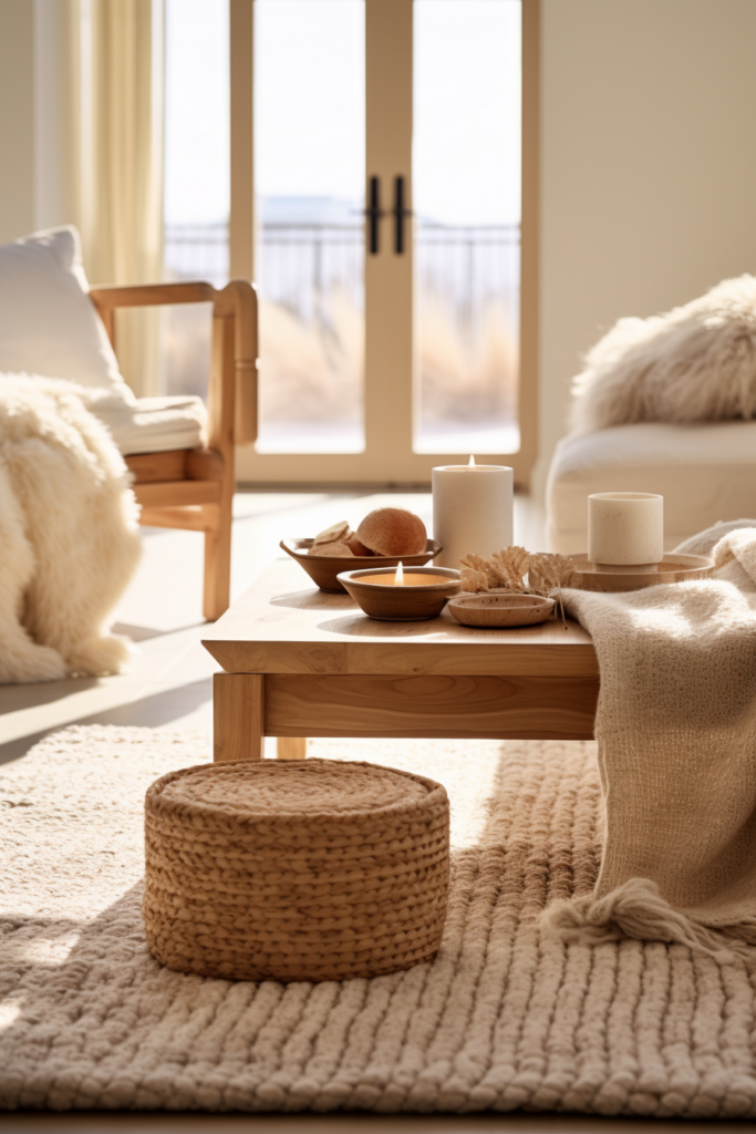 A cozy living room adorned with a coffee table and a rug, perfectly embodying the essence of hygge and creating a warm winter decor ambiance for an inviting and relaxing home retreat.
