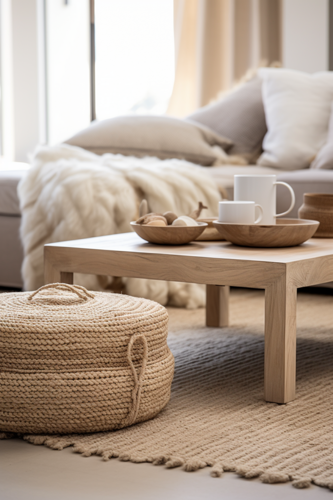 A cozy coffee table in a living room, creating a warm winter retreat with hygge-inspired decor.