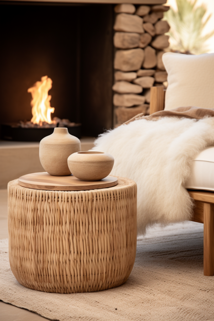 A cozy wooden table in front of a welcoming fireplace adds warmth and hygge to any winter decor.