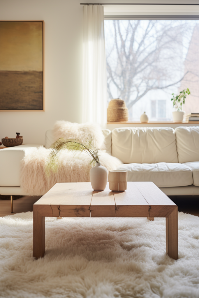 A cozy white couch in a living room, creating a hygge-inspired winter retreat.