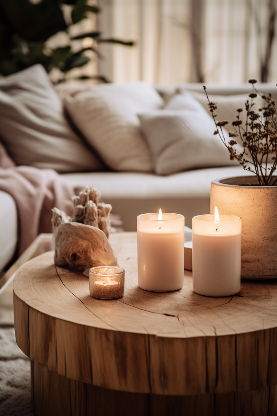 Three cozy candles on a wooden table in a living room.