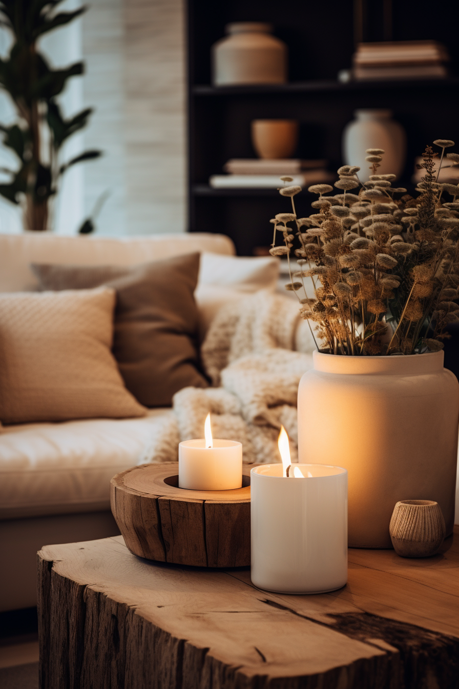A hygge living room with candles on a wooden table, creating a cozy home retreat and adding to the winter decor.