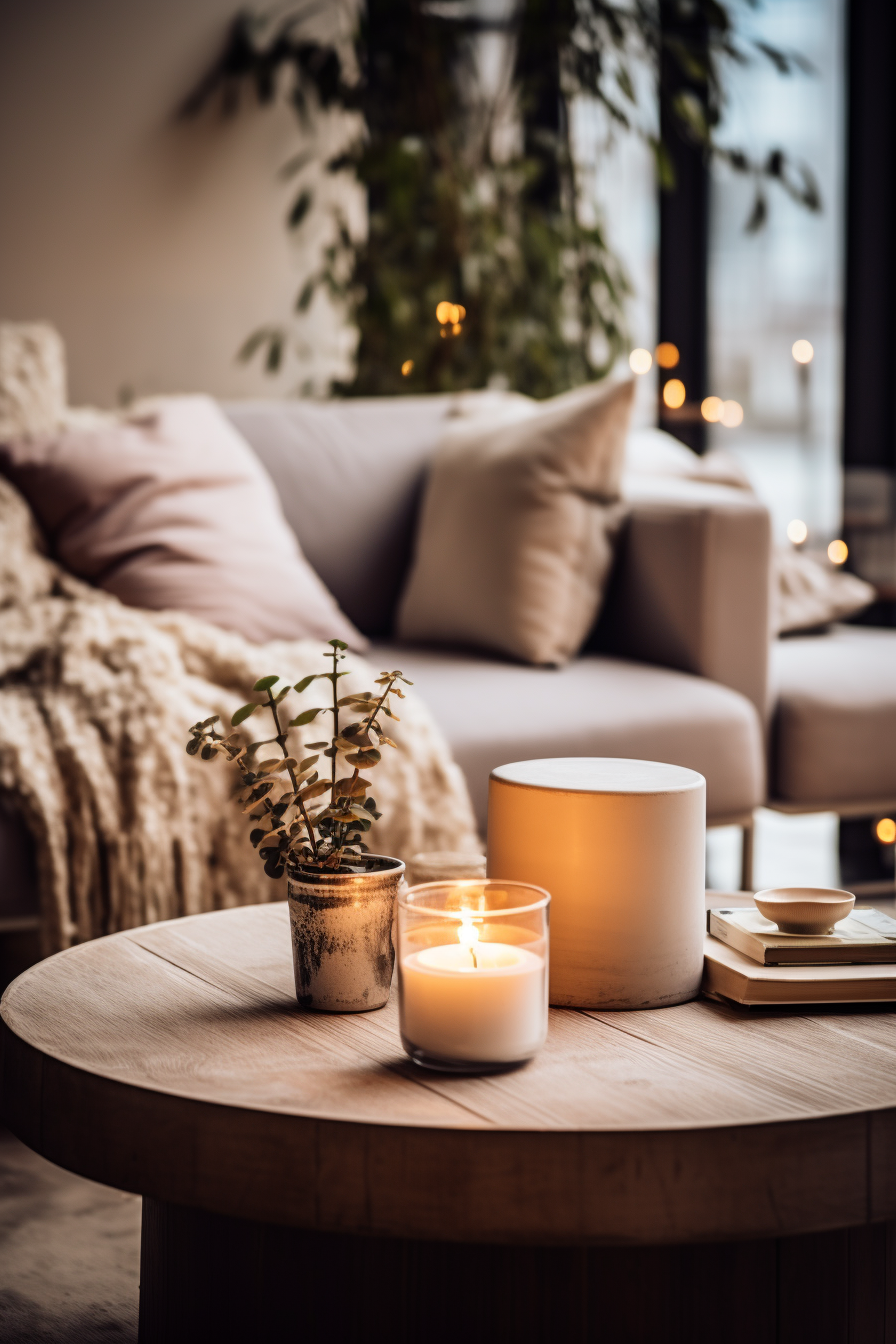 A cozy candle illuminates a coffee table in a living room, creating a warm and inviting Hygge retreat.