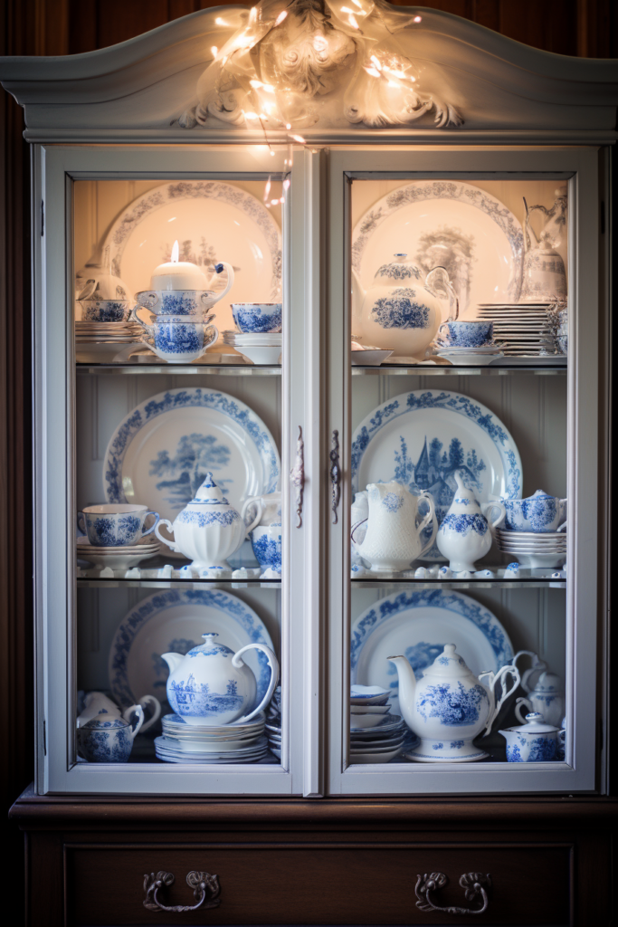 Cozy Home Retreat: Blue and white china cabinet.