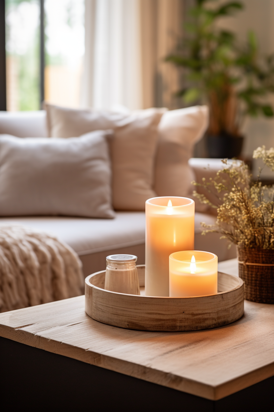 A cozy home retreat is created with two candles on a wooden tray, bringing hygge and winter decor vibes into the living room.