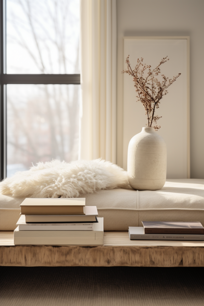 A hygge-style sofa with books and a vase in front of a window, creating a cozy home atmosphere.