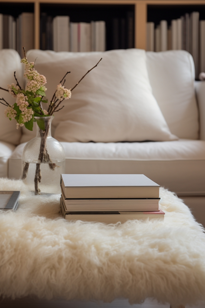 A cozy white coffee table with books and a vase, creating a hygge style in the home.