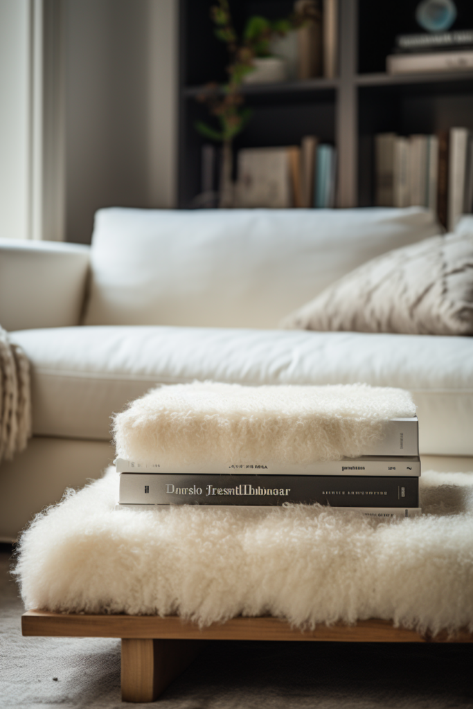 A cozy white sheepskin rug on top of a couch, providing hygge winter decor in the living room.