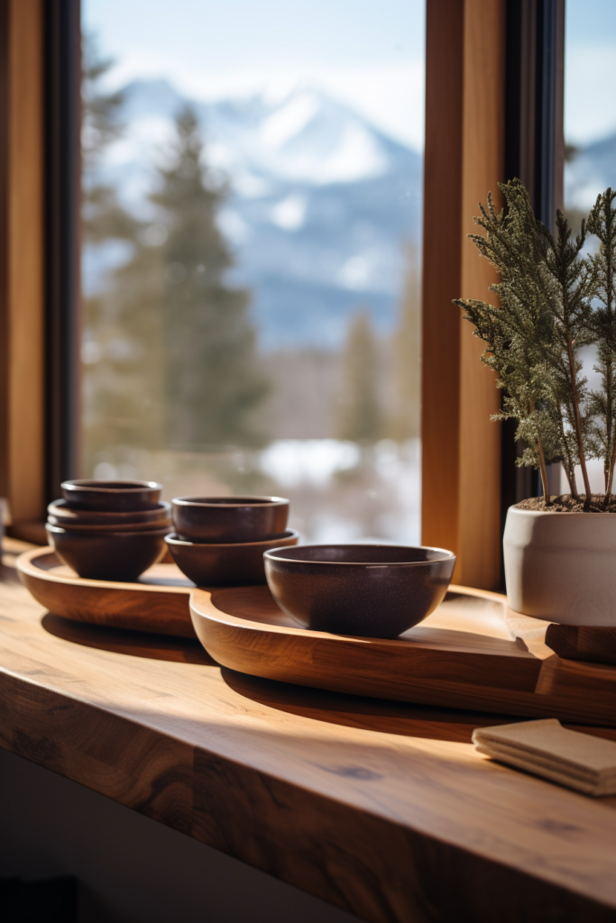 Cozy wooden bowls on a window sill with a view of mountains, creating a hygge-inspired winter decor for your home retreat.