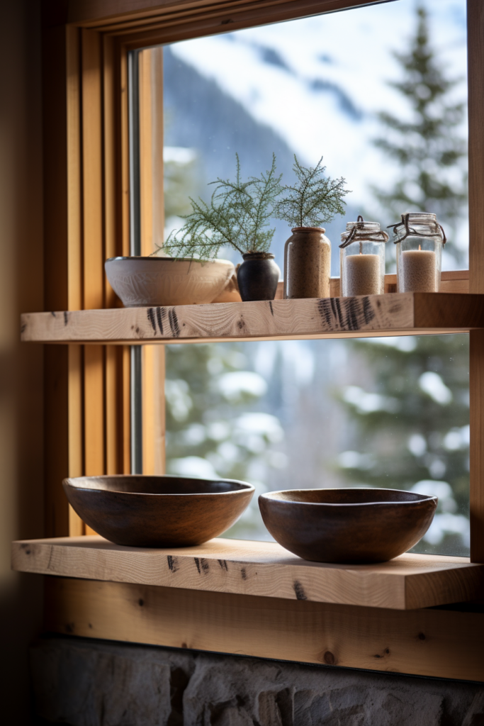 Two wooden bowls on a cozy shelf in front of a window, adding warmth and hygge to the winter decor of the home retreat.