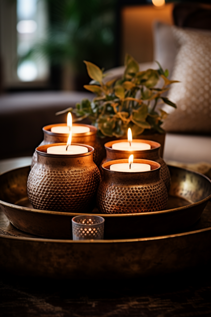 Cozy winter decor: Four candles on a tray create a warm and inviting atmosphere in the living room, perfect for a hygge-themed home retreat.