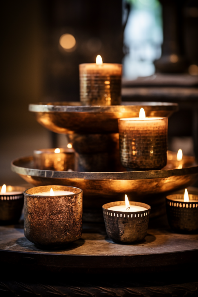 A group of candles creating a hygge ambiance on a table in a dark room.