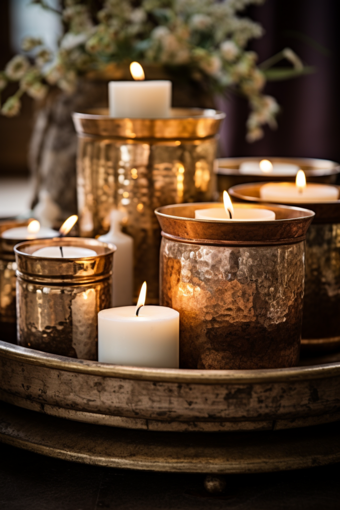 Create a cozy home retreat with a tray full of candles on a table, perfect for hygge and winter decor.