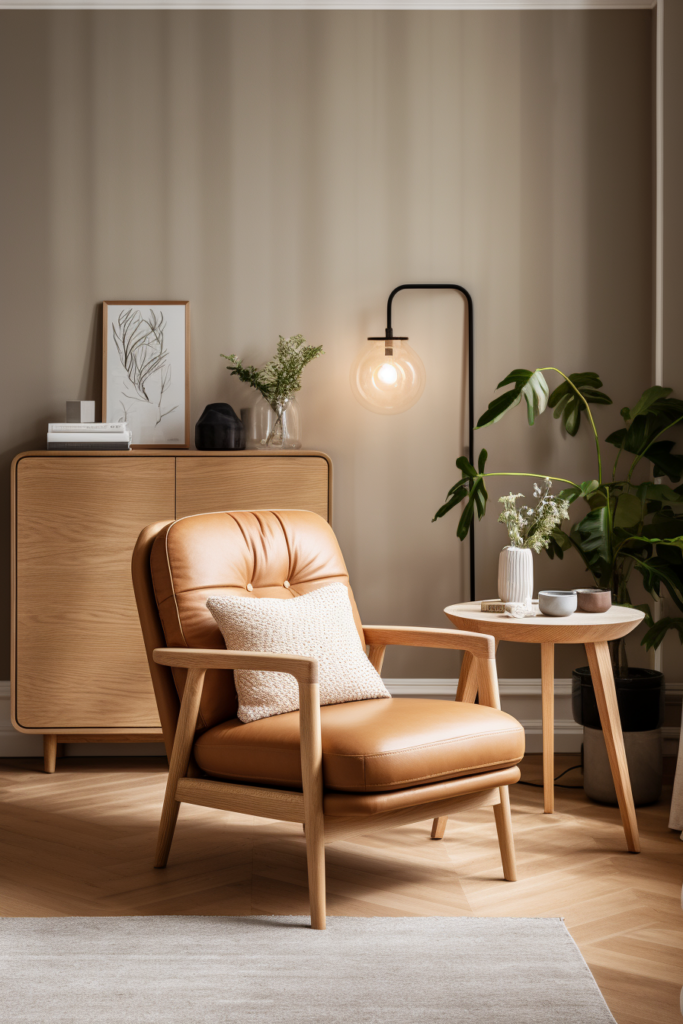 Create a cozy home retreat in your living room with a comfortable tan chair and warm lamp, perfect for hygge-inspired winter decor.