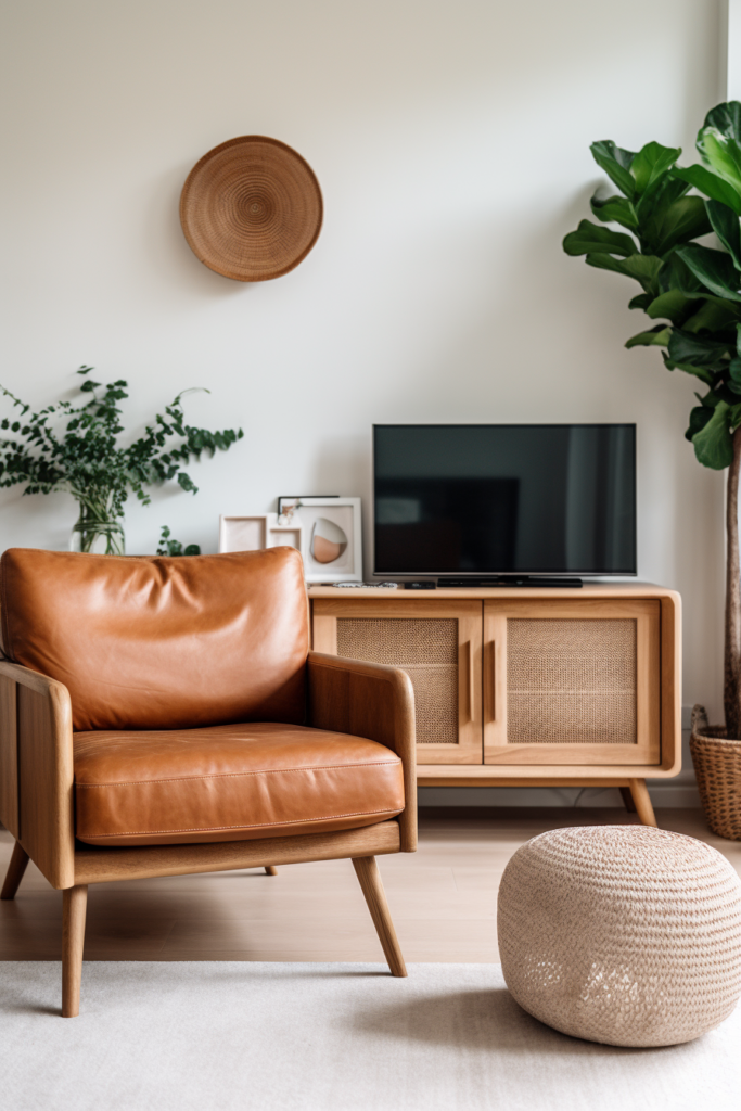 A cozy living room with a brown leather chair and a potted plant, creating a Hygge Heaven ambiance.