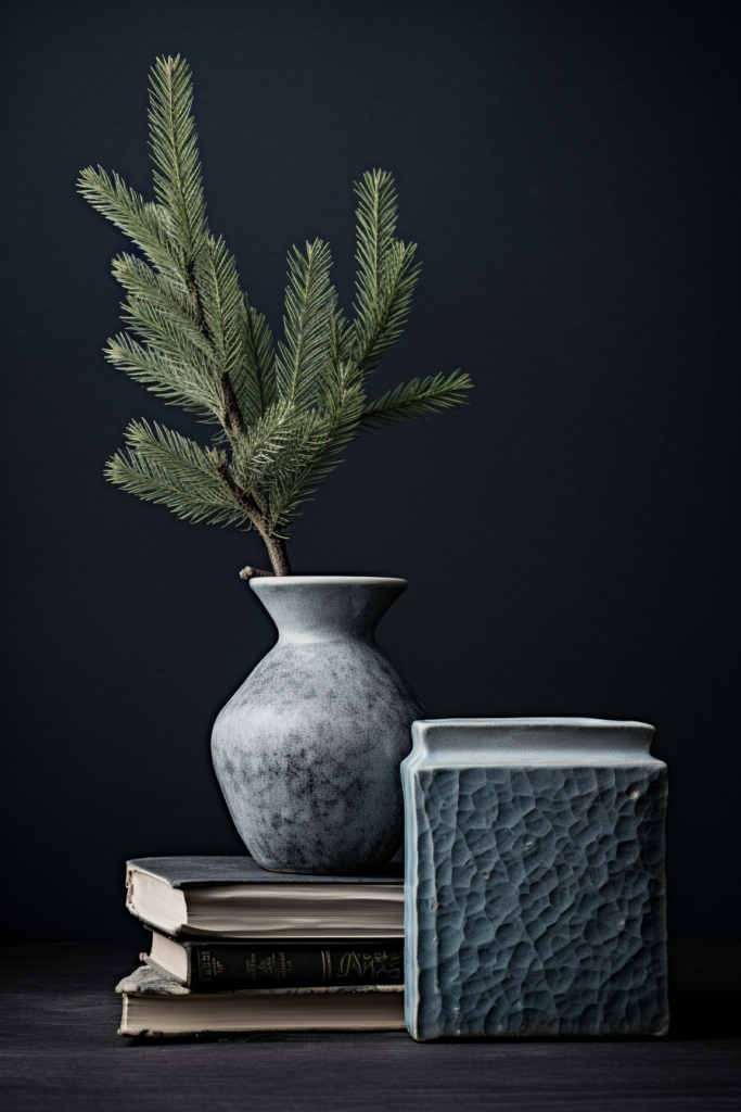 A cozy home retreat with a blue vase containing a pine tree, perfect for winter decor.