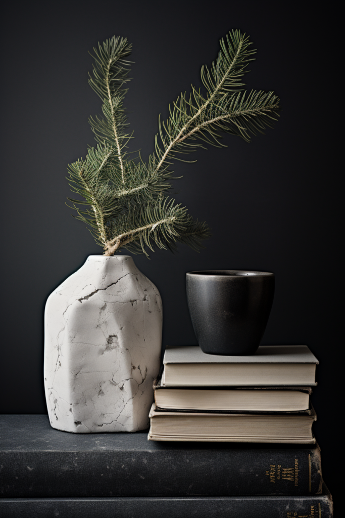 A cozy home retreat with a white vase featuring a pine tree, perfect for winter decor and creating a hygge ambiance.