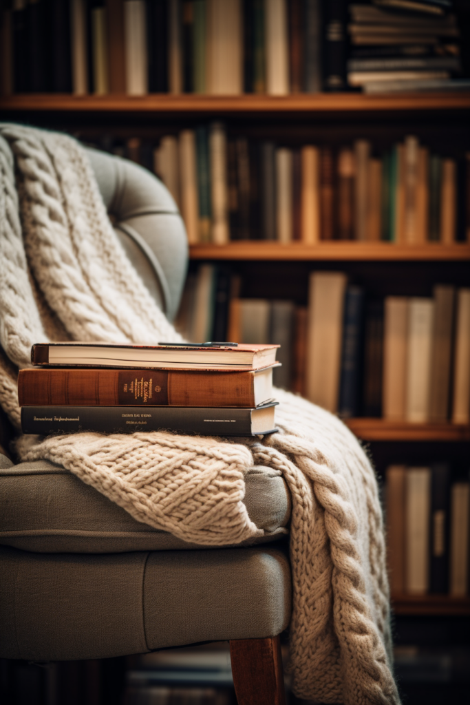 A hygge-inspired chair with a cozy blanket in front of a bookshelf, creating the perfect winter retreat.